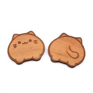 Cherry Hardwood Wood Cat Coaster (2 Pcs) • Made in USA • Natural Oil Finish